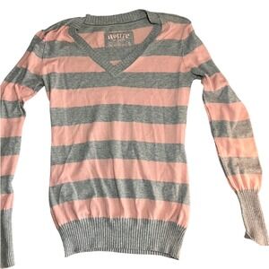 Y2K Striped V Neck Sweater Pink Gray Cotton Cashmere XL Love Valentines Flaw